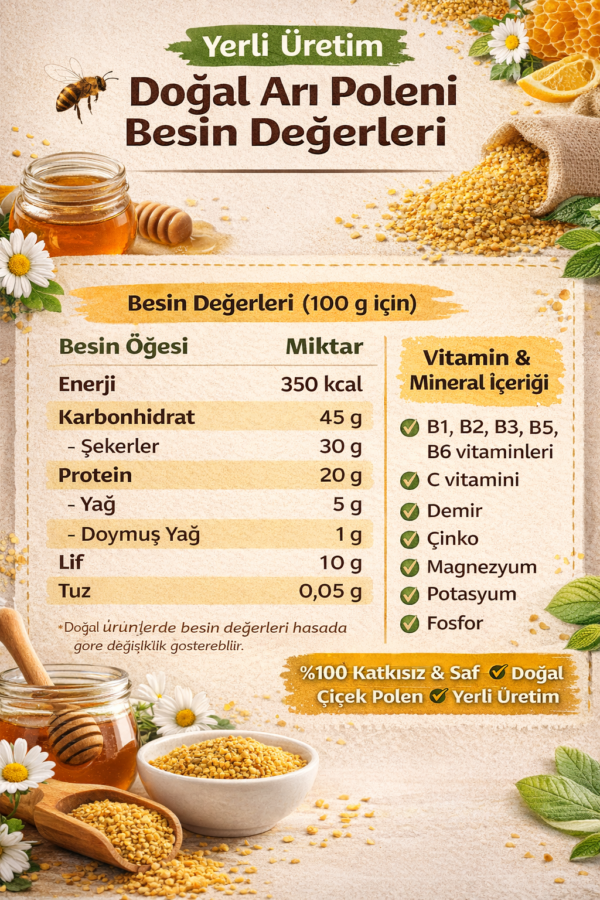 %100 Doğal Ham Arı Poleni (Yerli, Saf ve Katkısız) - 100 gr
